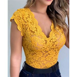 T-Shirt décontracté femmes débardeur couleur unie Sexy dentelle Cami Bralette Crochet gilet tendance femmes dentelle évider haut court pour dames