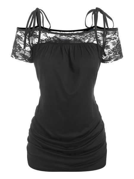 Camiseta con hombros descubiertos y Panel de encaje atado, camisetas de manga corta con hombros descubiertos y lazo para mujer, Tops negros, camisas para discoteca