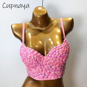 T-shirt cupnaya roze kristal vrouwen sexy spandex crop top spaghatti riem bustier in buis camisole corset bralette glanzende clubkleding