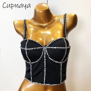 Camiseta Cupnaya Mujer Sexy Diamantes Decoración Crop Top Ladies Club Dance Elástico Spaghetti Strap Corsés Camisolas Negro Blanco Rojo