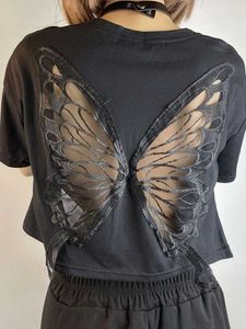 T-Shirt Deeptown Harajuku Lace Butterfly Crop Dames Vintage Street Kleding Sexy Black Mesh Top Esthetische Hollow Groove T-shirt Zomer P230603