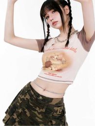 T-shirt Deeptown coréen Kawaii Cat Print Crop T-shirt Y2k Sexy Vintage Graphic Top Mode féminine Original Stay Grunge Tees Summer P230603