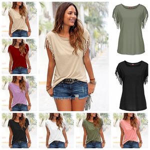 T-shirt Europa Verenigde Staten Fashion Solid Color Round Neck Kraag Tassel Knoop Knoop Korte mouw T-shirt Ondersteuning Mixed Batch