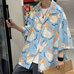 T-shirt Fairy Tale Cute Duck Anime Button Up Shirt Kawaii Teenage Cool Beach Tops Oversized Loose Casual Men Women Streetwear Summer Tee