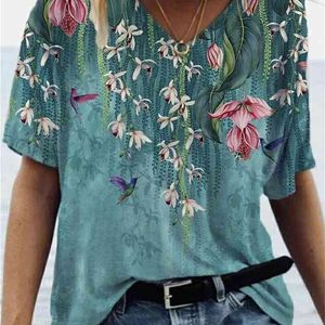T-shirt mode grote maat tops vrouwen casual v-hals shirt Tees dames losse bloemen print tuniek 210720