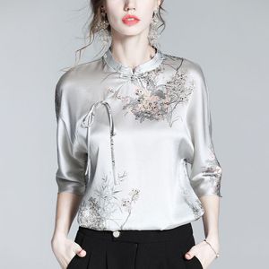 T-Shirt Femme Chinese Stijl Afdrukken Zijde Half Mouw Stand Kraag Blouse Herfst Kantoor Dame Knoppen Vrouwen Shirts Eenvoud Vetersluiting Tops