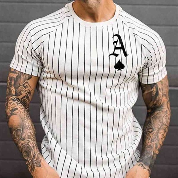 Camiseta para hombre, camiseta a rayas, ropa de verano, ropa de calle, cuello redondo, moda, estampado de póker, camisetas de manga corta, Tops 210706