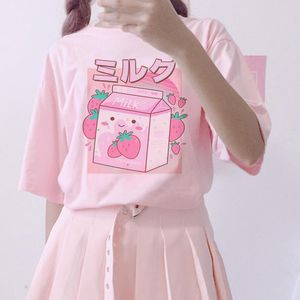 T-shirt amusant vintage 90s japonais mignon fraise lait shake carton tshirt femmes shortsleeve ulzzang harajuku y2k graphic rose tops tee-shirt