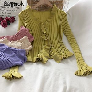 Camiseta Gagaok Cárdigan Mujeres Top de cultivo Nuevo sólido Ruffles Vneck Séter de ombligo Cardigans de salvaje sexy