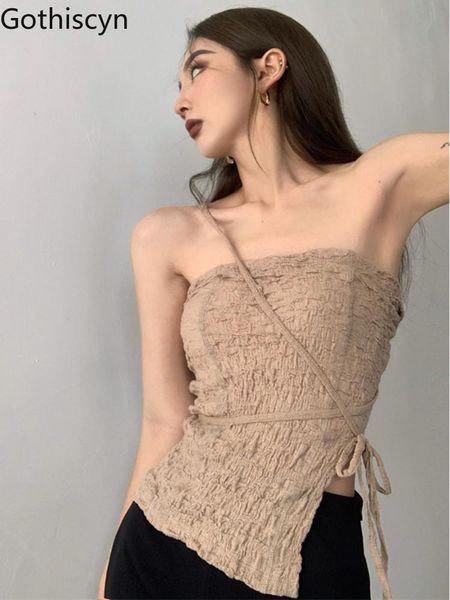 Camiseta Gothiscyn, Top recto y sexi con cuello Halter, camisa de vendaje Irregular, camisola plisada de puro deseo, moda Harajuku para mujer