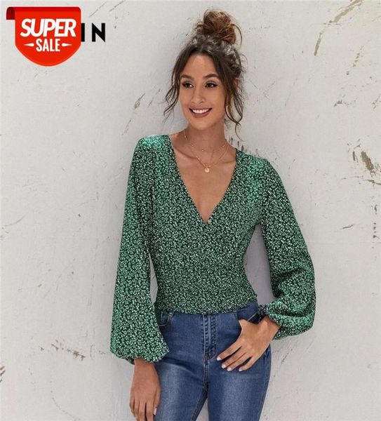 Camiseta Manga de linterna verde Ditsy Top Outumn Long Wrap V Boho Boho Womens Tops y blusas Party #EQ3Q3380993