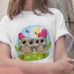 Camiseta Harajuku Kaii Owl Cartoon 90s Mujer Verano Blanco Casual Camiseta de manga corta P230523