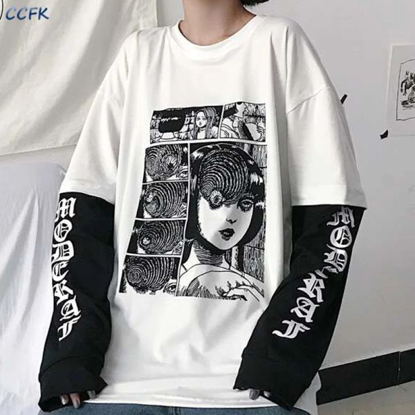 Camiseta Haruku camiseta mujer japonesa Fujiang Horror Comics camisa de manga larga falso 2 piezas estampado Top ropa informal estilo Hip Hop ropa Emo