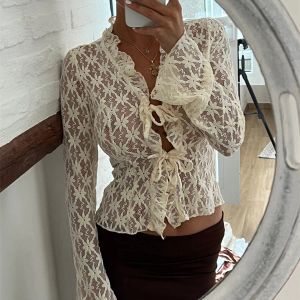 T-shirt Hirigin Elegant Women Lace Summer Floral Tops Flare Long Mancheve Front Front Slim Crop Cardigan Clubwear Blusa Mujer Moda