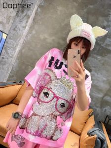 T-shirt Hot Diamond Cartoon Roze Olifant T-shirt Vrouwen 2023 Zomer Nieuwe Modemerk TieDyed Licht Luxe Korte Mouwen Top Vrouwelijke