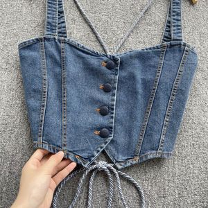 T-Shirt Jeans Débardeur Femme Vintage Crop Tops Femmes Sangle Casual Cami Denim Camsoles Mode Coréenne Bandage Corsets Vêtements D'été