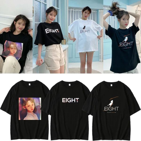 Camiseta K POP Kpop IU New Hit Song Eight Imagen de dibujos animados Impresión O Cuello Camiseta casual para estilo de verano Camiseta holgada de manga corta unisex