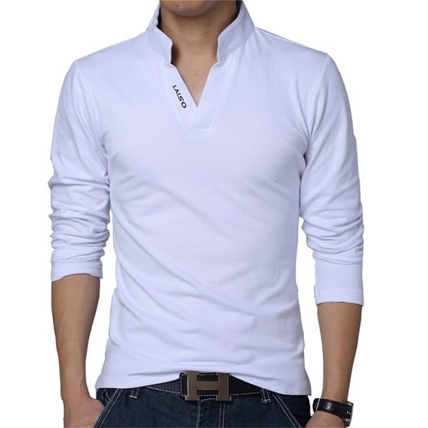 T-Shirt Hommes Printemps Coton T-shirt Couleur Unie T-shirt Col Mandarin À Manches Longues Top Marque Slim Fit T-shirts 5XL 220309