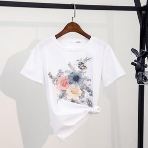 Camiseta nueva de verano 2020, camisetas de algodón florales de pasarela para mujer, camisetas de manga corta con bordado de lentejuelas y flores, camisetas informales dulces para chica