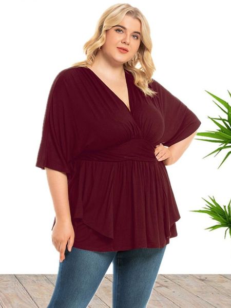 Camiseta nueva de talla grande, camisetas informales de verano para Mujer con cuello en V, camiseta holgada de Color sólido, ropa de gran tamaño para Mujer en negro y rojo, Camisas para Mujer