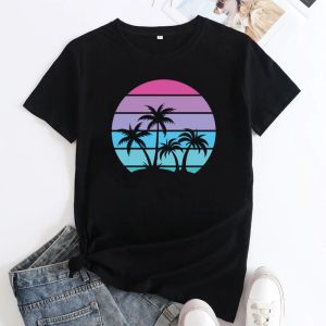 T-shirt palmier île coucher de soleil T-shirt esthétique femmes plage tropicale Vibes t-shirts rétro famille vacances d'été T-shirt petit haut