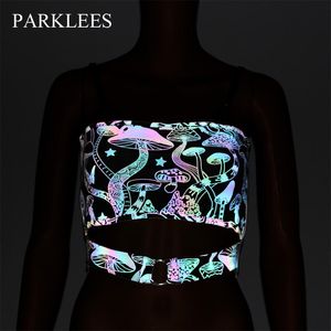 T-Shirt Parklees Femmes Arc-En-Réfléchissant Débardeur Brillant Noctilucent Champignon Haut Court Dames Night Club Punk Danse Sans Manches Sling Top