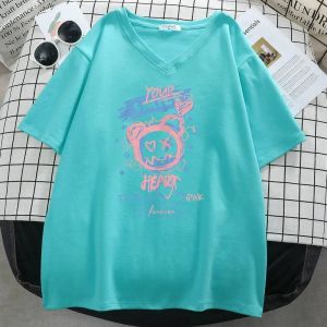 T-Shirt grande taille 6xl 150kg femmes dessin animé ours T-Shirt belle femme hauts Kawaii T-Shirt col en V dames grande taille coton t-shirts