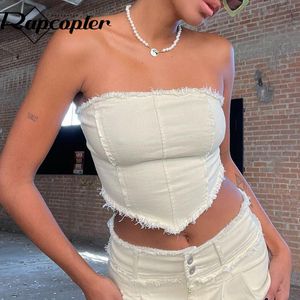 T-Shirt Rapcopter Déchiré Jeans Blanc Tube Top Patchwork Dos Nu Sexy y2k Crop Top Skinny Sans Manches Mini Gilet Femmes Vintage Streetwear