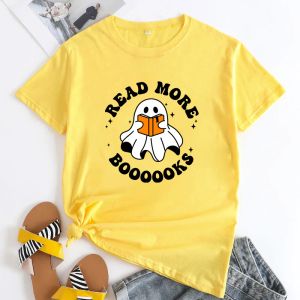 T-shirt Lire la suite Boooooks T-shirt femmes Halloween effrayant professeur T-shirt petit haut drôle fantôme lecture T-shirt camiseta