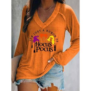 Camiseta Rheaclot Halloween It's Just A Bunch Of Hocus Pocus Mujer Verano Casual Algodón Gráfico VCuello Manga Larga Camiseta