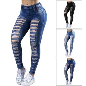 Camiseta Pantalones vaqueros ajustados rasgados para mujer Pantalones vaqueros azules de cintura alta Pantalones vaqueros sexys causales para mujer Pantalones vaqueros para mamá Pantalones nuevos femeninos de cuerpo entero