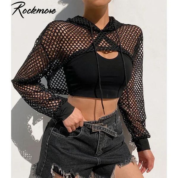 Camiseta Rockmore Sexy malla negra Top de rejilla camiseta para mujer ver a través de bata camisetas de manga larga camiseta recortada ropa de calle 2021