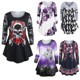 T-shirt Rosgel Women Swing Tunic Top Halloween Rose Skull Print Tee T-shirt Flare Long Sleeve