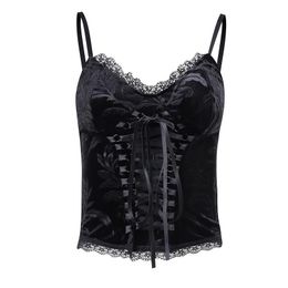 T-Shirt Ruibbit Goth Lace Up Black Camis Vintage Bandage Velvet Corset Tops Goth Aethétique Dentelle Trim Femmes Sexy Dos Nu Basic Camisole