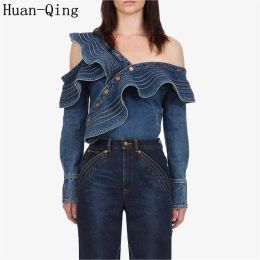 T-shirt zelfportret denim blouse start-en landingsbaan vrouwen sexy offtheshoulder lange mouw onregelmatige blouse tops blusas mujer ruches shirts tees