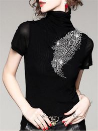 Camiseta de manga corta para mujer, camiseta de malla con perforación caliente, Top de fondo fino, jersey de cuello alto, camiseta con diamantes para primavera y verano, camiseta para mujer