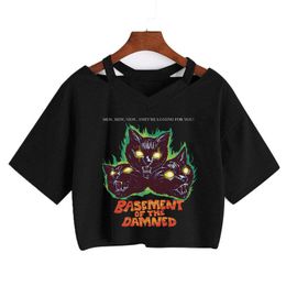 T-shirt zomer casual kat print schattig crop top T-shirt mode punk gothic korte mouw V-hals tee losse vintage streetwear damesshirt