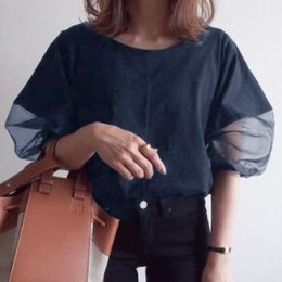Camiseta verão chique malha retalhos manga puff tshirts moda japonesa solta o pescoço y2k roupas elegante temperamento t camisa feminina