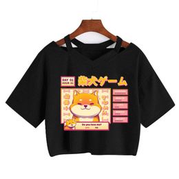 Camiseta de verano con perros lindos, Tops cortos con estampado japonés Shiba Inu, camiseta holgada sexy de manga corta, ropa de calle Punk de Harajuku con cuello en V y2k