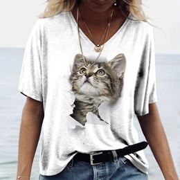 T-Shirt Summer Fashion Comic Cat 3D Print Cotton Top à manches courtes Col en V Harajuku Casual Vêtements pour femmes T-shirt surdimensionné P230523 bon