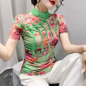 T-Shirt été imprimé fleur maille femmes Style chinois gland bouton élastique Slim Fit haut filles mode vert T-shirt P230602