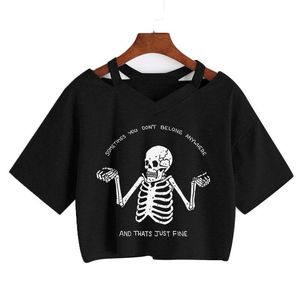 T-shirt Summer Punk Skull Grunge Tshirt Femme Skull and Cat Mom Tee Tee Loose Short Crop