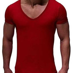 Camiseta Sweetheart con cuello en V, sin costuras, de gran tamaño, con fondo, camiseta de manga corta con cuello en V profundo, camiseta ajustada, camiseta fina, camiseta casual, camisetas para hombre MY070