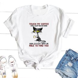 T-shirt Touchez mon café je vais vous gifler si fort T-shirt chat drôle femme graphique chats t-shirts coton à manches courtes imprimé T-shirt hauts