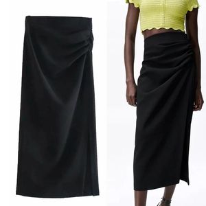 T-Shirt Traf 2021 Jupe crayon taille haute Femmes Jupe longue noire Femme Mode d'été Jupe midi froncée Dames Sexy Jupes portefeuille fendues