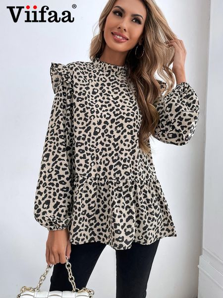 Camiseta Viifaa con estampado de leopardo, moda Primavera 2022, blusas para mujer, Top de manga larga con abertura en la espalda, camisas informales elegantes para mujer