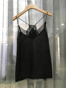 T-Shirt noir 100% soie pour femmes, Camis en dentelle, sans manches, motif Floral, Sexy, haut féminin, été 2022