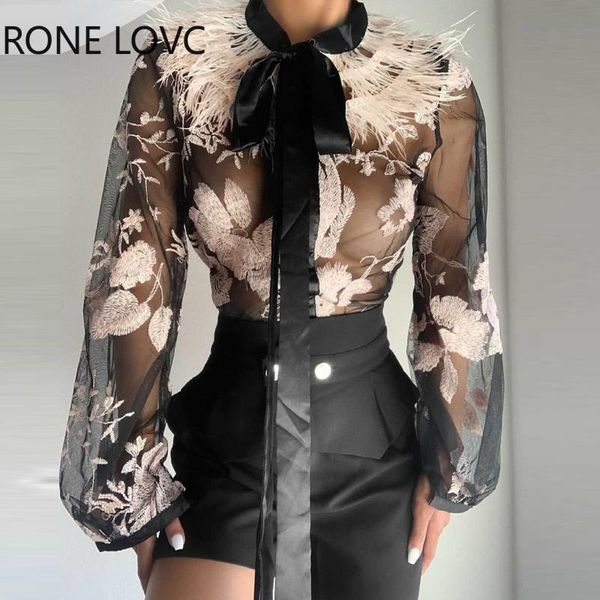 T-Shirt femme Chic Floral nœud papillon à lacets col plume perspective maille chemisier noir