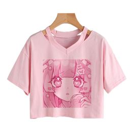 Camiseta de moda para mujer, ropa bonita, camiseta con estampado kawaii, camiseta Punk de manga corta, camiseta informal holgada rosa con gráfico de Anime, Top corto con cuello en V, ropa de calle