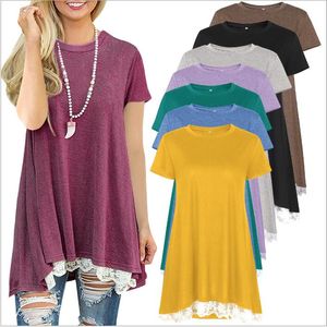 Camiseta de encaje para mujer, Tops sólidos, camisas informales de verano, camisetas de moda, blusa de manga corta, Túnica de cuello redondo, Blusas, ropa de mujer, Vestidos B3855